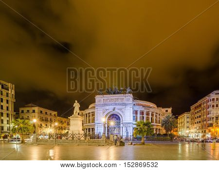PALERMO ITALY - SEPTEMBER 6 2015: Night view of the Politeama Garibaldi theater in Palermo Sicily Italy