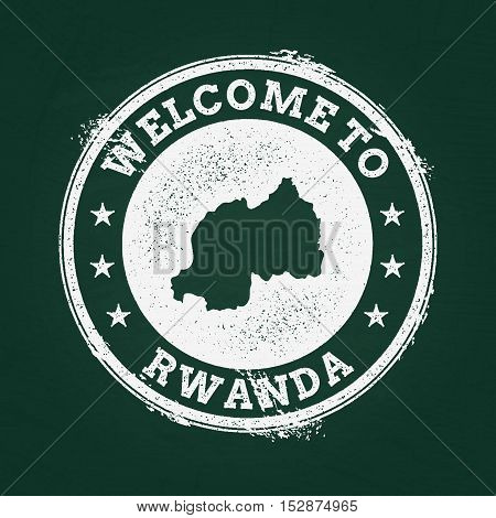 White Chalk Texture Retro Stamp With Republic Of Rwanda Map On A Green Blackboard. Grunge Rubber Sea