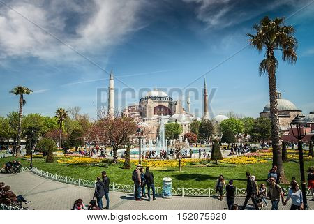 ISTANBUL, TURKEY - APRIL 16, 2015: Hagia Sophia Mosque in spring. Hagia Sophia museum, Istanbul, Turkey. Aya Sofia mosque exterior in Istanbul, turkey