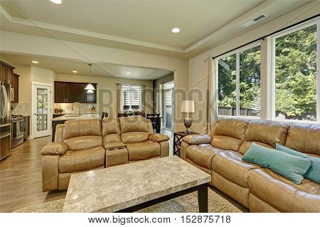 Gray And Brown Family Room Interior