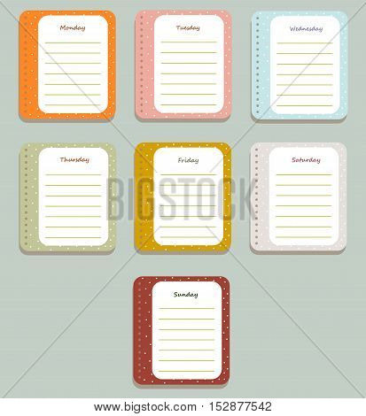 The sheets of the planner for weekly planning in a cute polka dots with the names of the days of the week. Diary.Vector illustration.