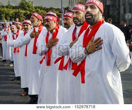 Istanbul Turkey - October 11 2016: Muslims worldwide marks Ashura Istanbul Shiite community. Turkish Shia Muslims mourning for Imam Hussain. Caferis take part in a mourning procession marking the day of Ashura in Istanbul's Kucukcekmece district Turkey on