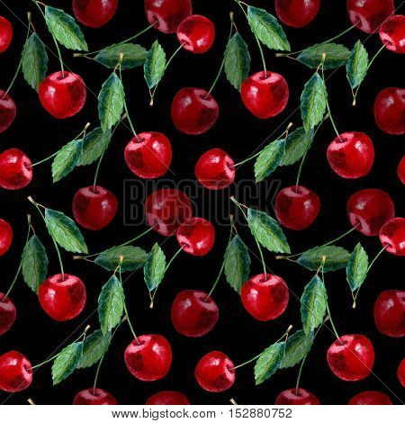 Seamless pattern with cherry.Food picture.Watercolor hand drawn illustration.Black background.