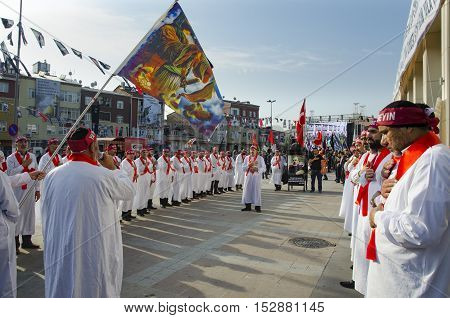 Istanbul Turkey - October 11 2016: Muslims worldwide marks Ashura Istanbul Shiite community. Turkish Shia Muslims mourning for Imam Hussain. Caferis take part in a mourning procession marking the day of Ashura in Istanbul's Kucukcekmece district Turkey on