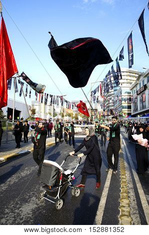 Istanbul Turkey - October 11 2016: Muslims worldwide marks Ashura Istanbul Shiite community. Turkish Shia Muslims mourning for Imam Hussain. Caferis take part in a mourning procession marking the day of Ashura in Istanbul's Kucukcekmece district Turkey on