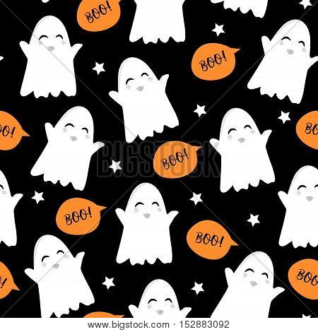 Halloween pattern with cute ghost stars and text clouds. Vector seamless background.