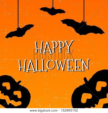 Happy halloween greeting card with pumpkins and bats. Vector illustration.
