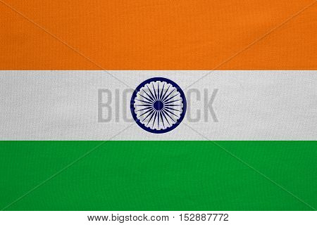 Indian national official flag. Patriotic symbol banner element background. Correct colors. Flag of India with real detailed fabric texture accurate size illustration