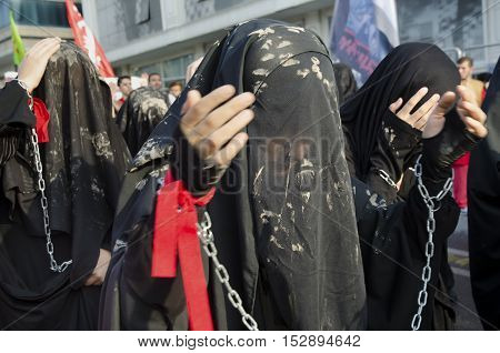 Istanbul Turkey - October 11 2016: Muslims worldwide marks Ashura Istanbul Shiite community. Turkish Shia Muslims mourning for Imam Hussain. 