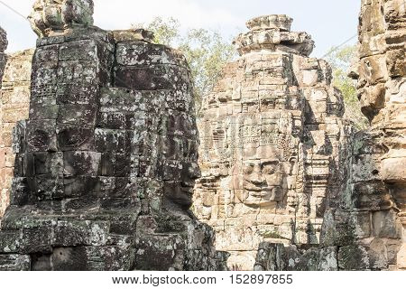 Smiling, gargantuan face at Angkor Thom, Siem Reap,Cambodia.