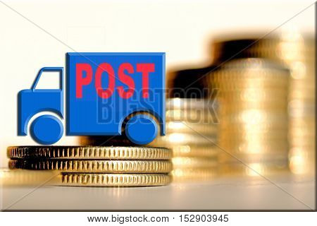 The mail truck in the background of the money .