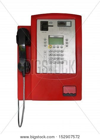 RED CABLE PAYPHONE ISOLATED ON WHITE BACKGROUND