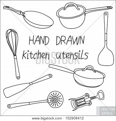Hand drawing. Set kitchen utensils. To prepare the food. For your design...