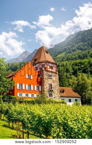 Vaduz, Liechtenstein - July 01, 2016: Famous red house with wineyard owned by the Rheinberger family in Vaduz city, Liechtenstein. This house is very popular tourist attraction in Liechtenstein