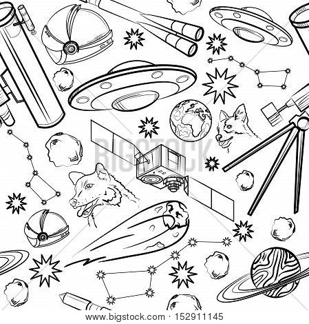 Pattern with space elements. Astronaut, Earth, Saturn, Moon, UFO, Rocket Comet Constellation Sputnik and stars