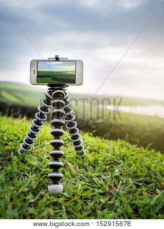 Close-up image of smartphone take a landscape photo on flexible tripod at tea farm in northern of Thailand
