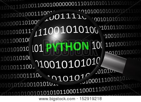 Binary code with Python and magnifying lens on black background