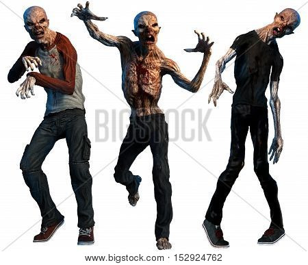 Three attacking bloody horror Zombies 3D illustration