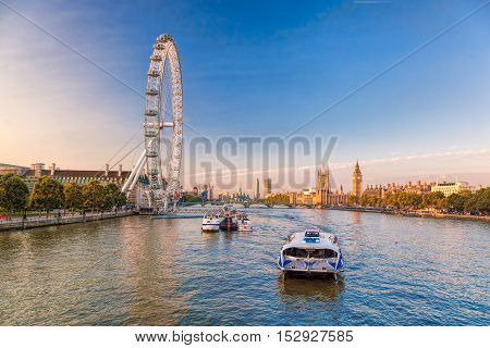 Sunrise With Big Ben, Palace Of Westminster, London Eye, Westminster Bridge, River Thames, London, E