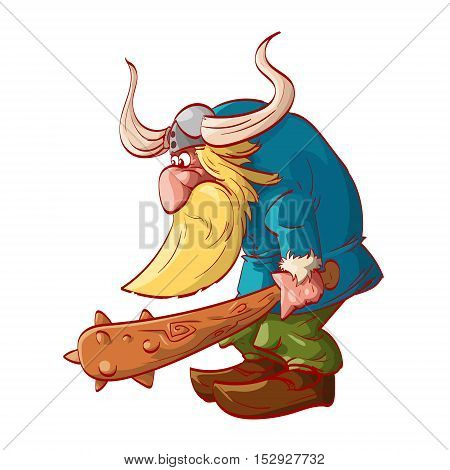 Colorful vector illustration of a cartoon dwarf warrior wearing a horned helm armed with a big club.
