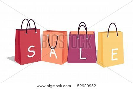 Sale vector concept. Flat design. Color shopping paper bags with letters. Best offer concept. For store goods sales and discounts advertising. Product label design. Black friday. On white background