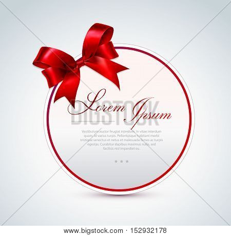 Round gift card with red satin bow. Vector illustration.