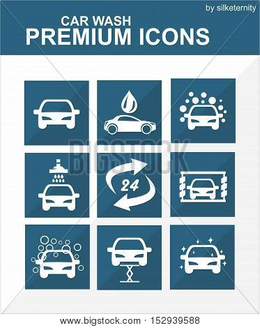 Car icon set wash automobile blue background
