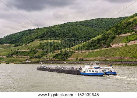Trechtingshausen Germany - May 23 2016: Tanker Eiltank 65 on the Rhine River near Trechtingshausen in cloudy weather Rhine Valley UNESCO World Heritage Site Rhineland-Palatinate Germany.
