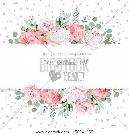 Rose carnation peony pink flowers and decorative eucaliptus leaves vector mirrored design card. Speckled triangle confetti backdrop. All elements are isolated and editable.