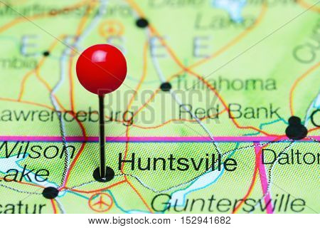 Huntsville pinned on a map of Alabama, USA