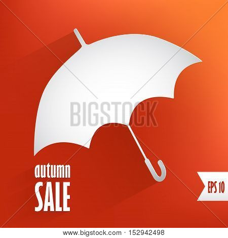 Autumn card sale. Red background with paper white umbrella and inscription autumn SALE. Vector