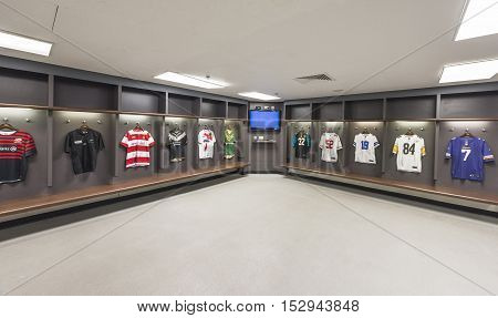 London, the UK - May 2016: in the changing room at Wembley stadium
