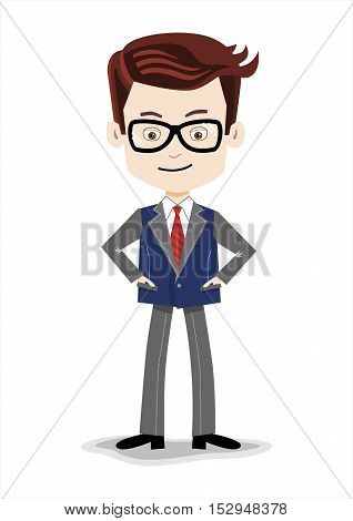 Stylish Cartoon businessman on a blue background, glasses, tie, jacket, black shoes, casual stile