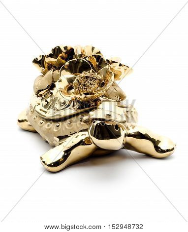 Porcelain golden turtle isolated on white background. The symbol of wealth and prosperity.