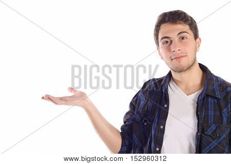 Portrait of a young man showing something on palm. Isolated white background.