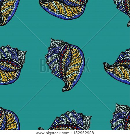 Zentangle stylized sea cockleshell seamless pattern. Hand Drawn aquatic doodle vector illustration.Ocean life. For textile, fashion, wrapping, wallpapers, anti stress adult coloring pages.