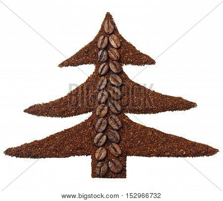 Ground coffee and coffee beans in the shape of Christmas tree isolated on white