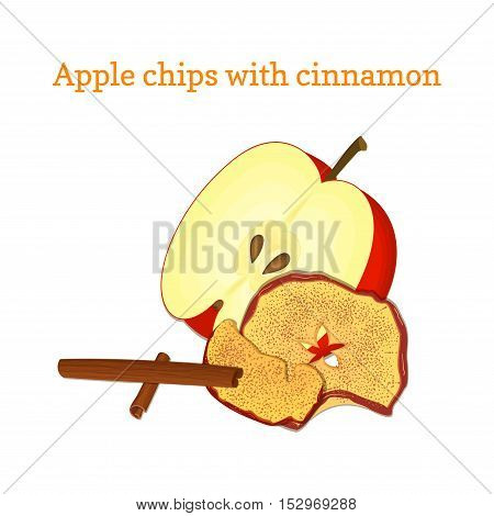 Vector illustration Half of apple and dried fruits. Slices of apple chips baked delicious fruits isprinkled with ground cinnamon, cinnamon sticks For design of packaging cereals breakfast healthy food