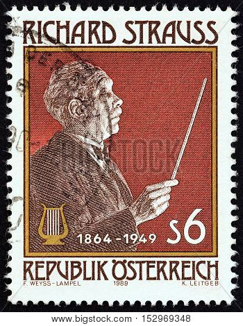 AUSTRIA - CIRCA 1989: A stamp printed in Austria issued for the 125th birth anniversary of Richard Strauss shows Richard Strauss (composer), circa 1989.