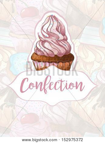 Cake on a background of sweets. Design for confectionery products. Handmade. Hand drawn markers. Watercolor.