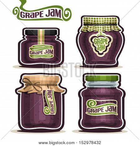 Vector logo Grape Jam in glass Jars with paper cover lid, Pot home made blue grape jams, twine rope bow, set homemade fruit jam jar, farm jelly pot with label, checkered cloth cap, isolated on white.