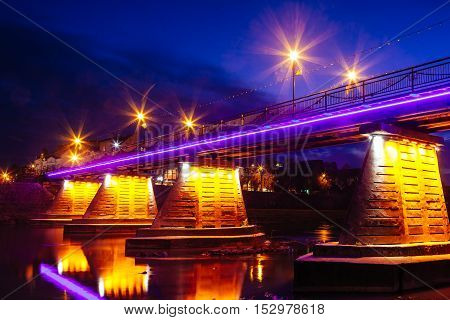 Bridge Night City Reflected In Water Uzhorod