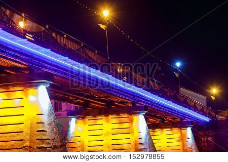 Bridge Night City Reflected In Water Uzhorod