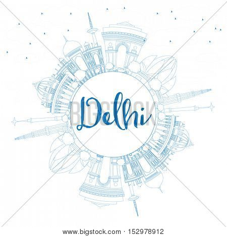 Outline Delhi Skyline with Blue Buildings and Copy Space. Business Travel and Tourism Concept with Historic Architecture. Image for Presentation Banner Placard and Web Site.