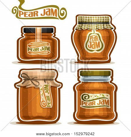 Vector logo Pear Jam in glass Jars with paper cover lid, rustic Pot home made pear jams, twine rope bow, set homemade fruit jam jar, farm jelly pot with label, checkered cloth cap, isolated on white.