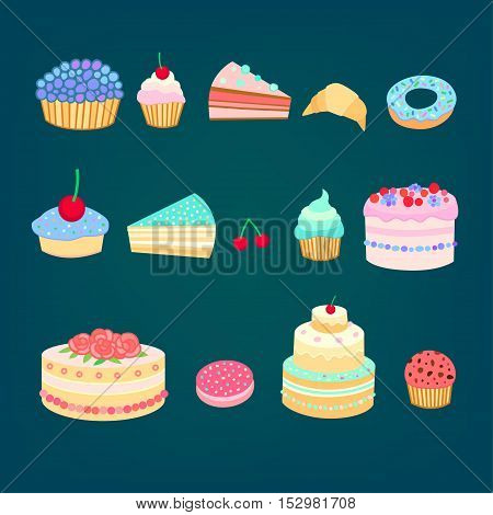Set of colorful tasty pieces of cakes slices of pies and other bakery desserts
