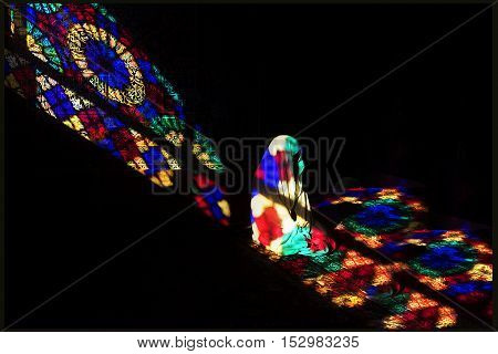 Iran, Shiraz - September, 2016 : Persian girl in rainbow Mosque Nasir al-Mulk.