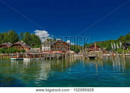 KONIGSEE, BAVARIA GERMANY - August 10th 2016: Konigsee Lake Village View from the Boat