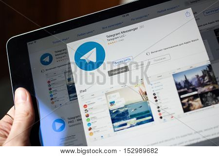 Moscow Russia - October 23 2016: Telegram application on iPad display. Telegram is a cloud-based instant messaging service