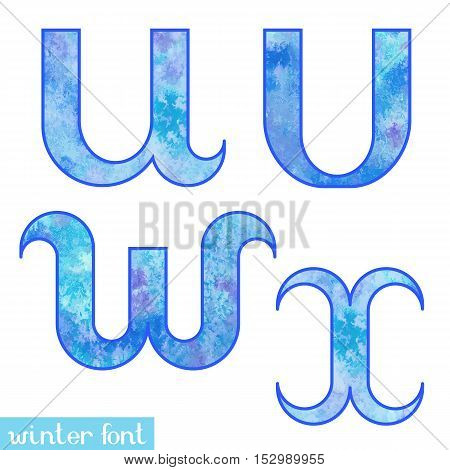 Colorful blue ice frozen watercolor paint alphabet letters U, V, W, X - vector Illustration